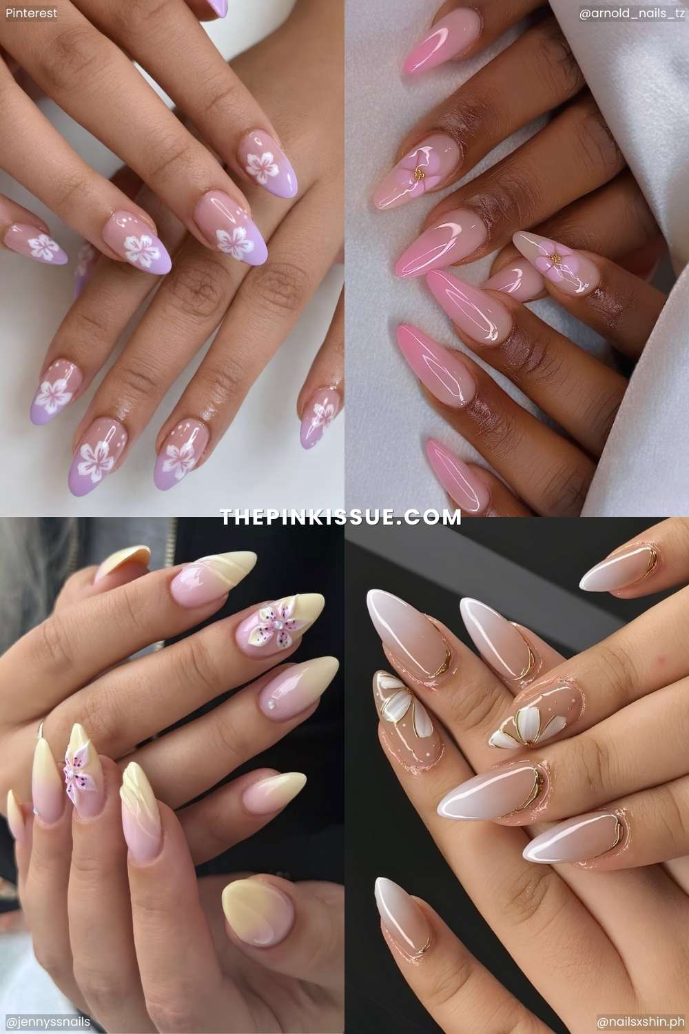 Different ombre nail designs with floral art