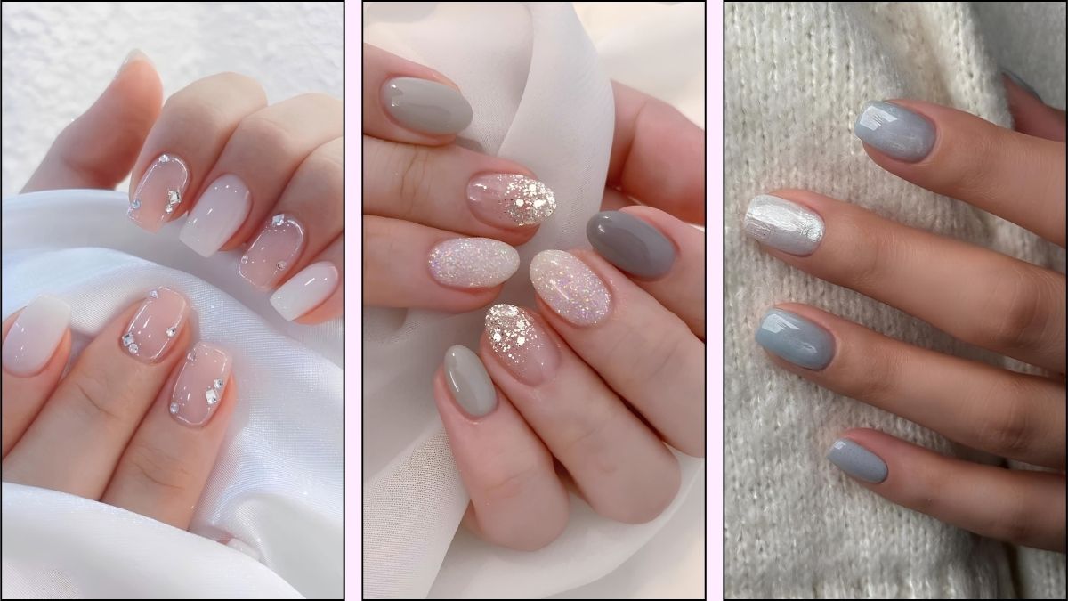 A collage of frosty nail designs for winter