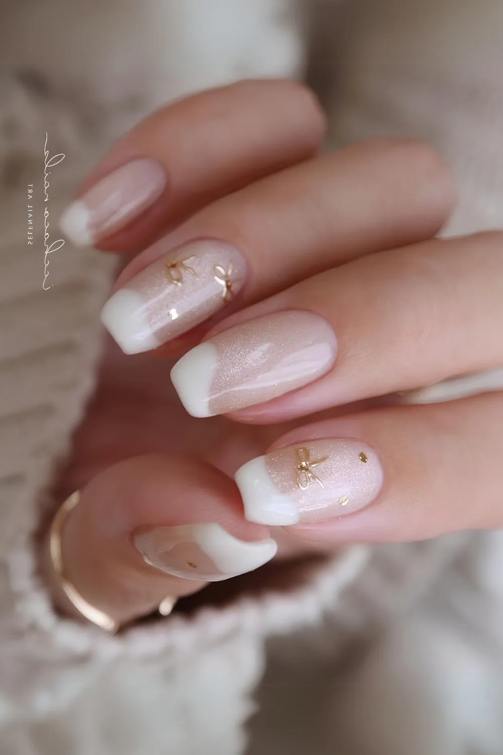 Frosty white French nails with bows