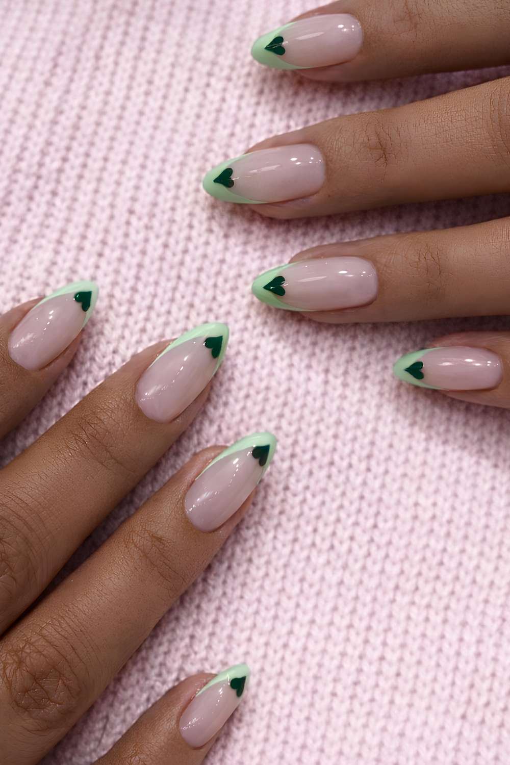 Green French manicure with hearts