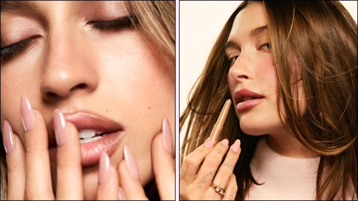 Hailey Bieber wearing glazed lip gloss nails