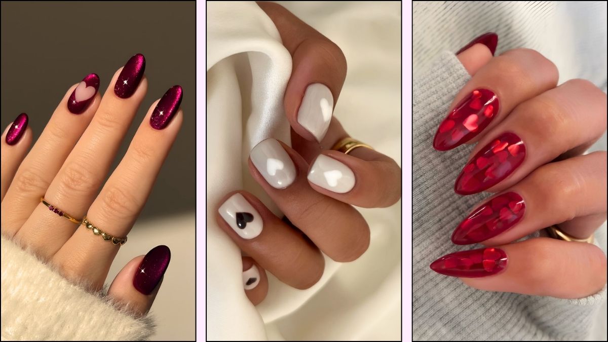 A collage of heart nail designs