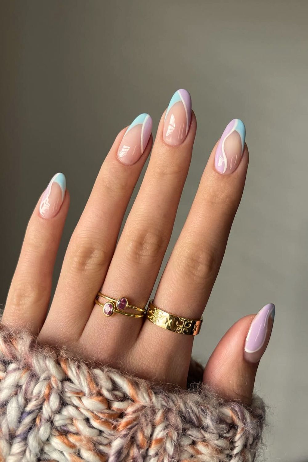 Light blue and purple French tip nails