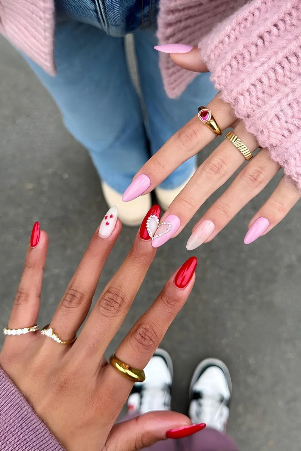 Matching pink and red Galentine's Day nails