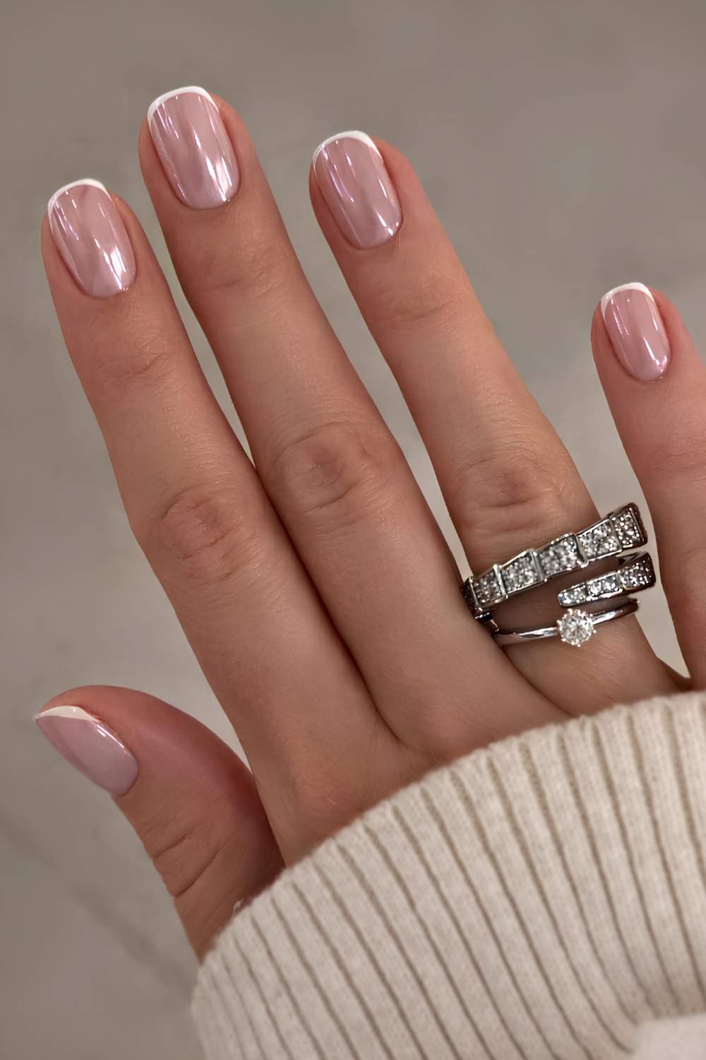 Micro white French mani with chrome finish