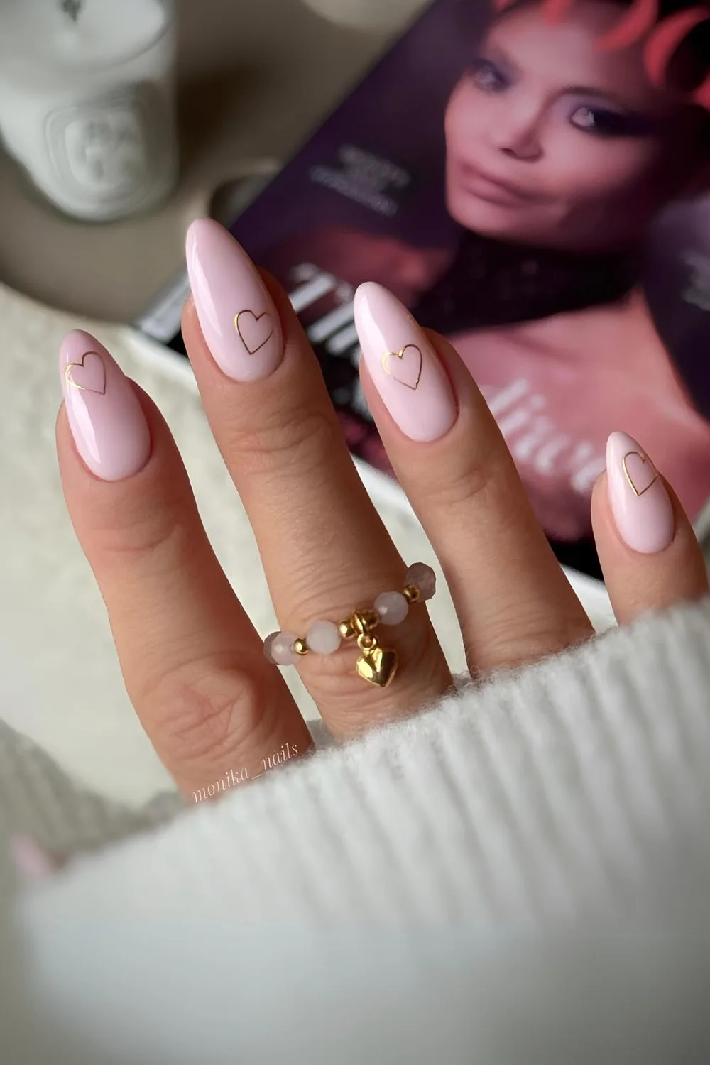 Milky pink nails with chrome hearts