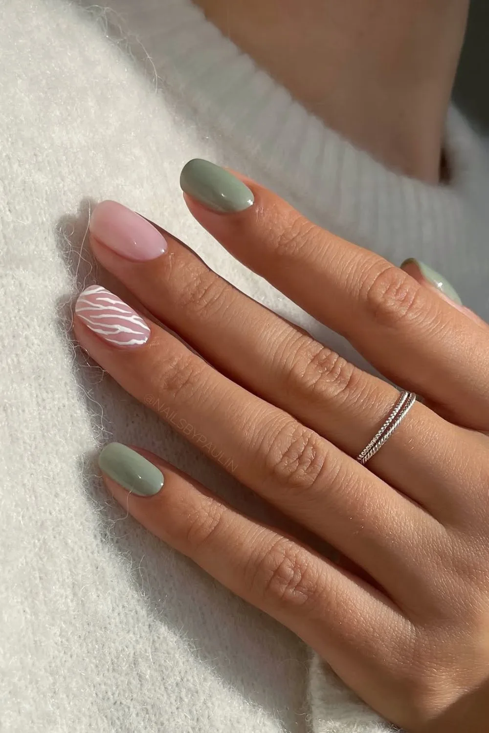 Mossy Green Nails with white accents