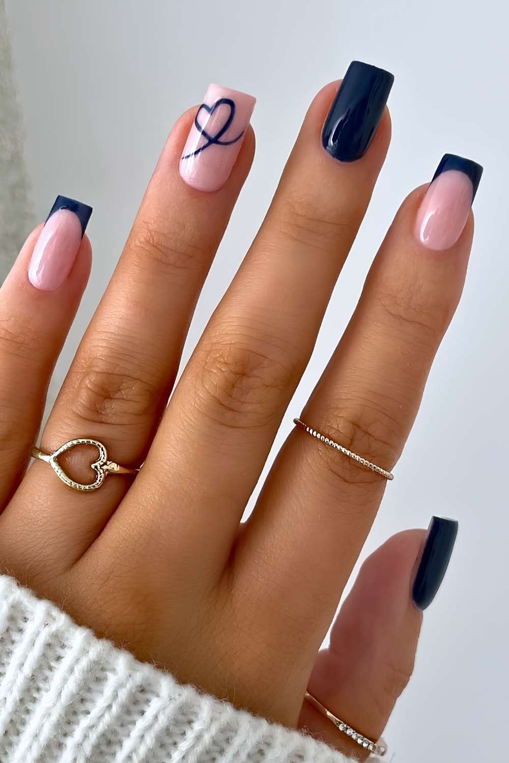 Navy blue nails with heart outline