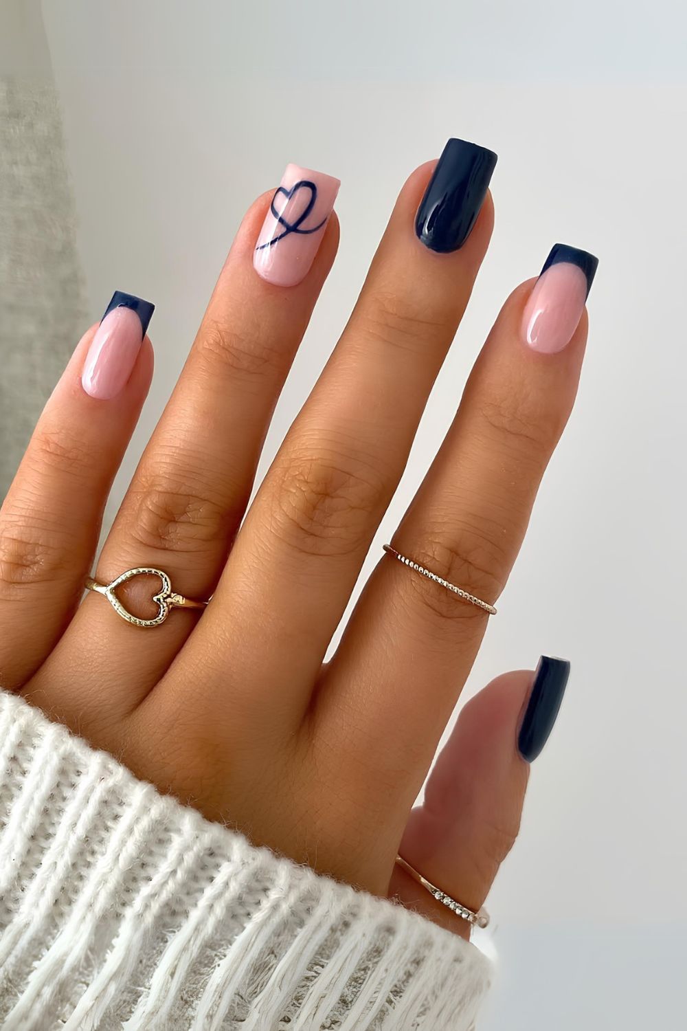 Navy blue nails with heart outline