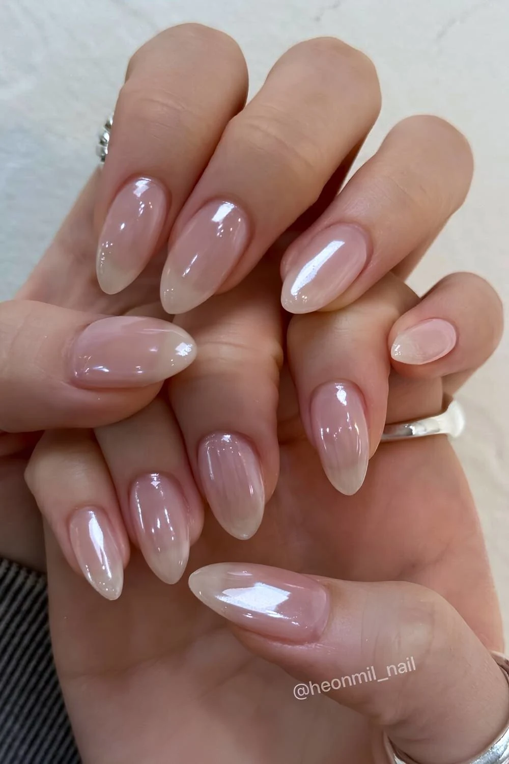 Nude chrome almond manicure
