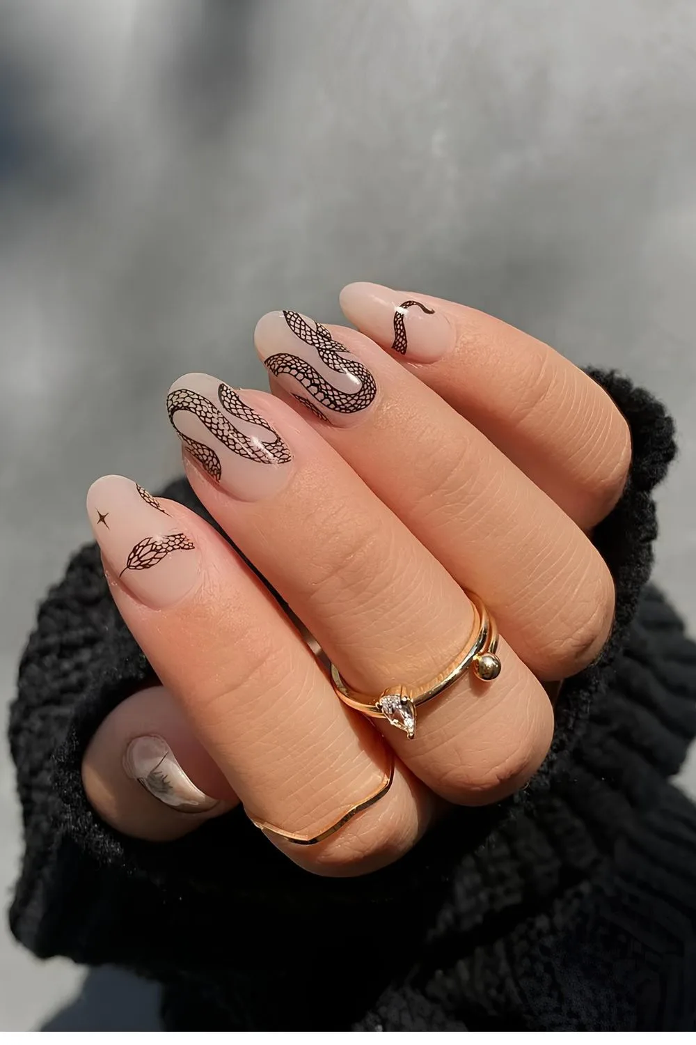 Nude nails with black mesh snake design