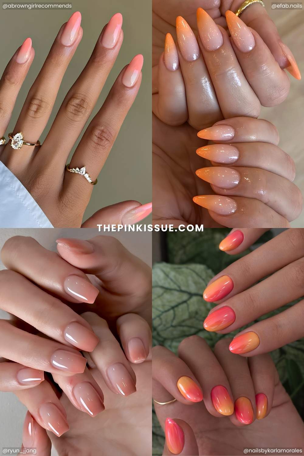 A collage of peach and orange ombre manicures