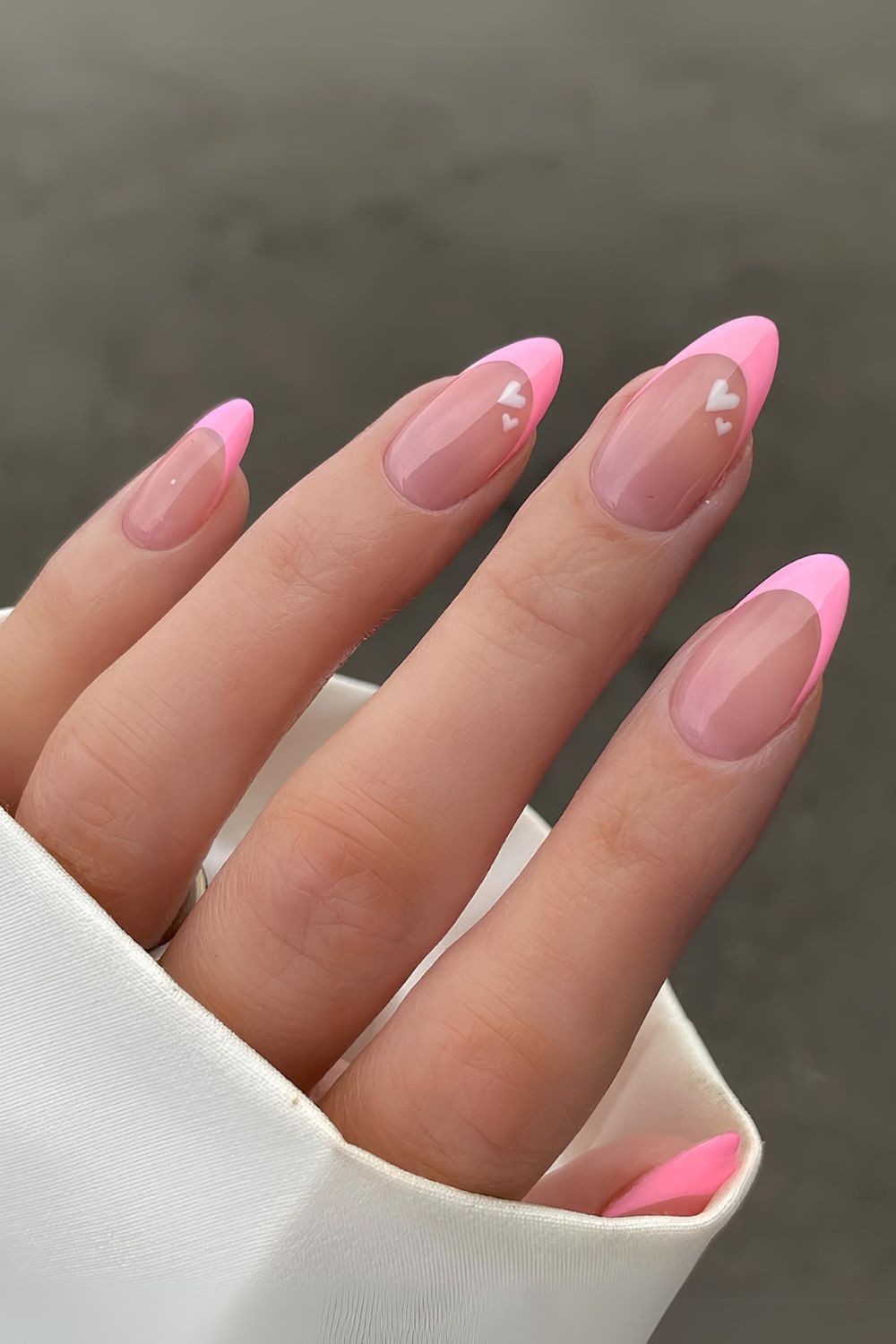 Pink French mani with tiny white hearts