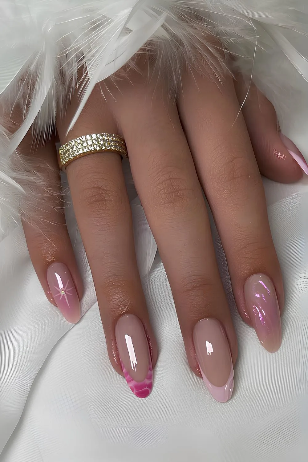 Pink French nails with stars and animal print