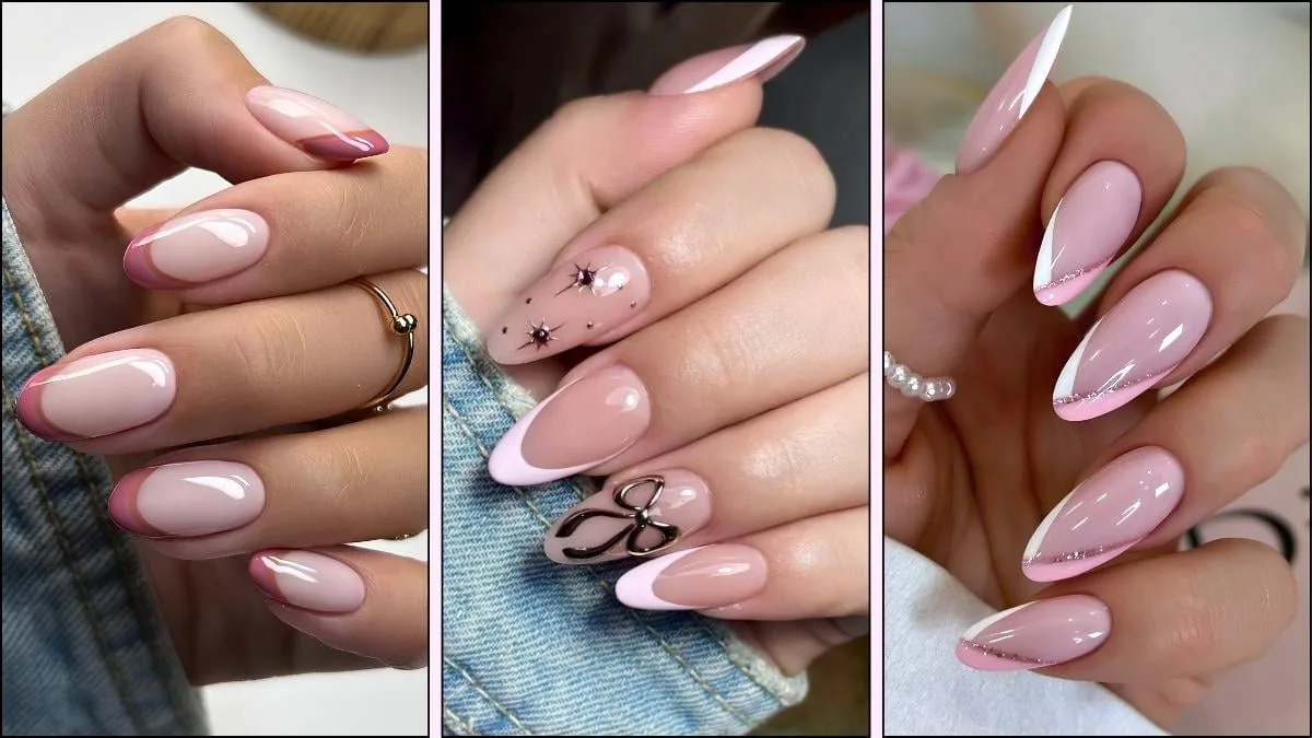 A collage of pink French tip manicures