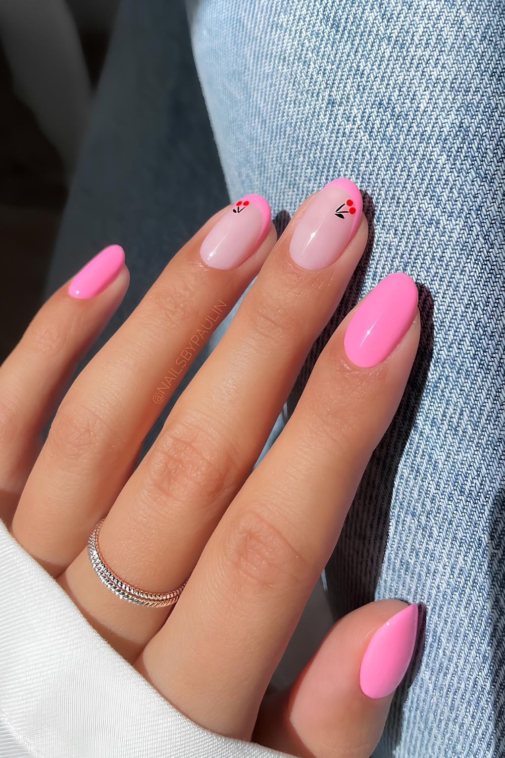 Pink Solid and French mix nails with cherry accents