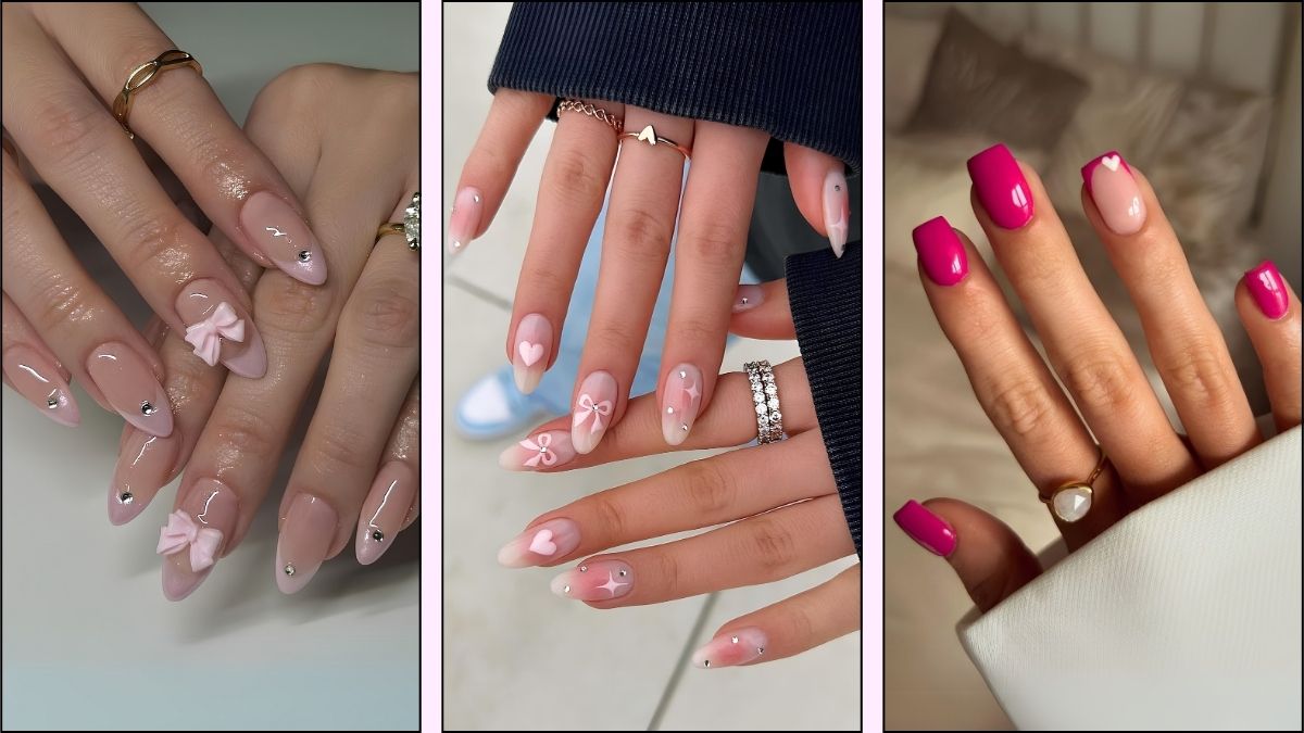 A collage of pink Valentine's Day nail designs