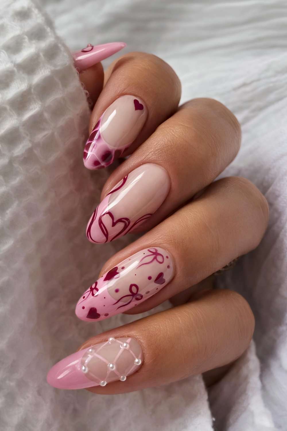 Pink and burgundy Valentines Day French nails