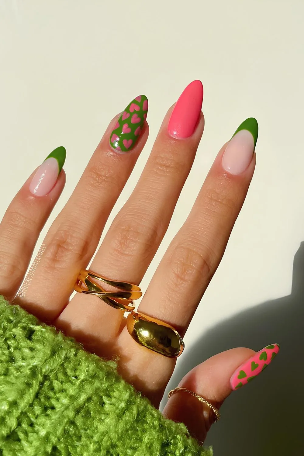 Pink and green nails with heart accents