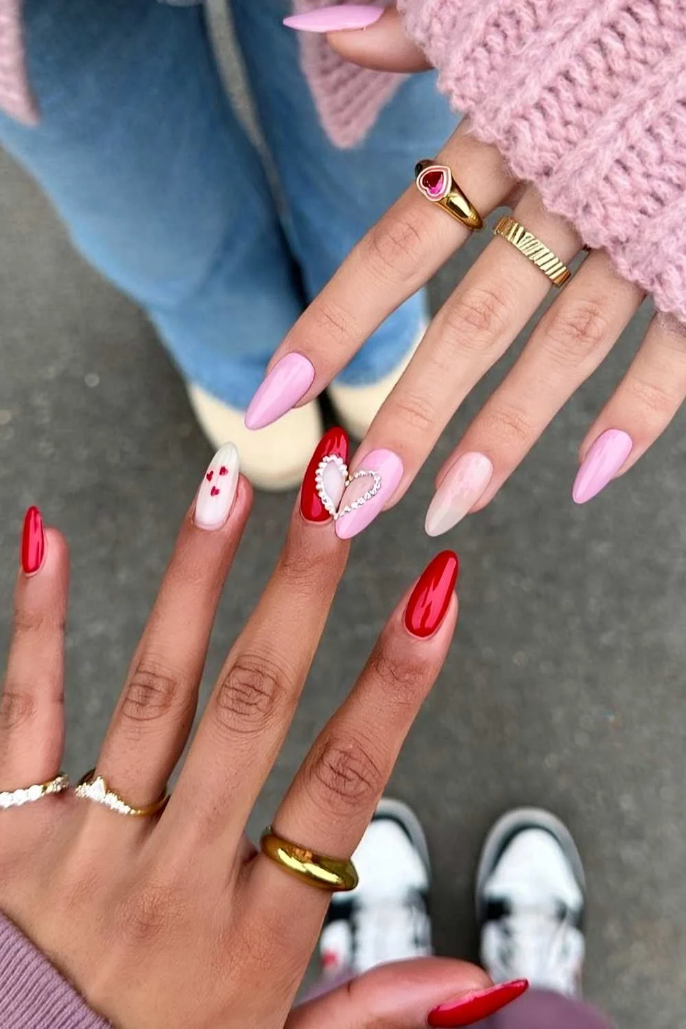 Pink and red matching Galentines Day nails