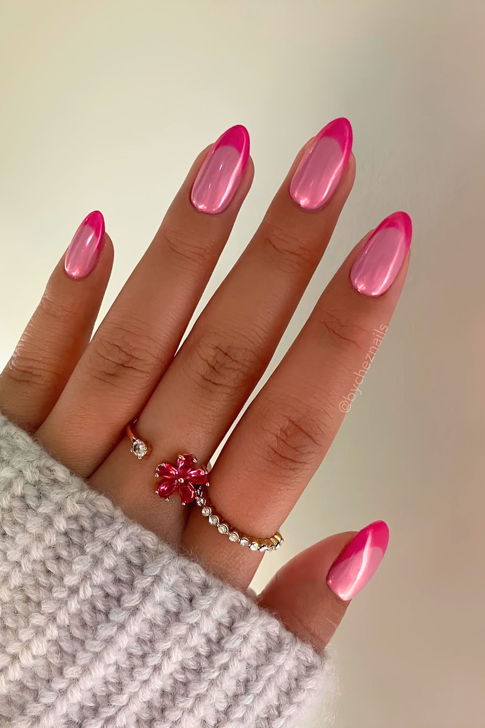 Pink chrome on chrome French tip nails