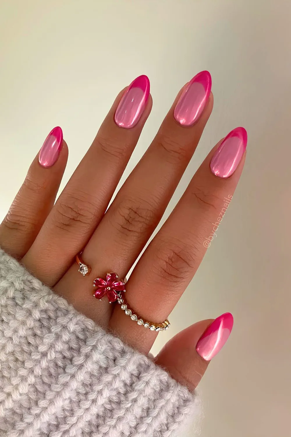 Pink chrome on chrome French tip nails