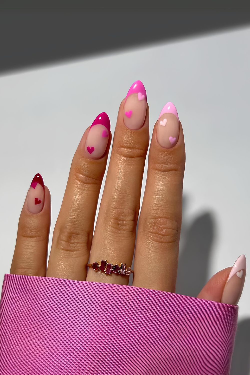 Pink skittle French mani with hearts