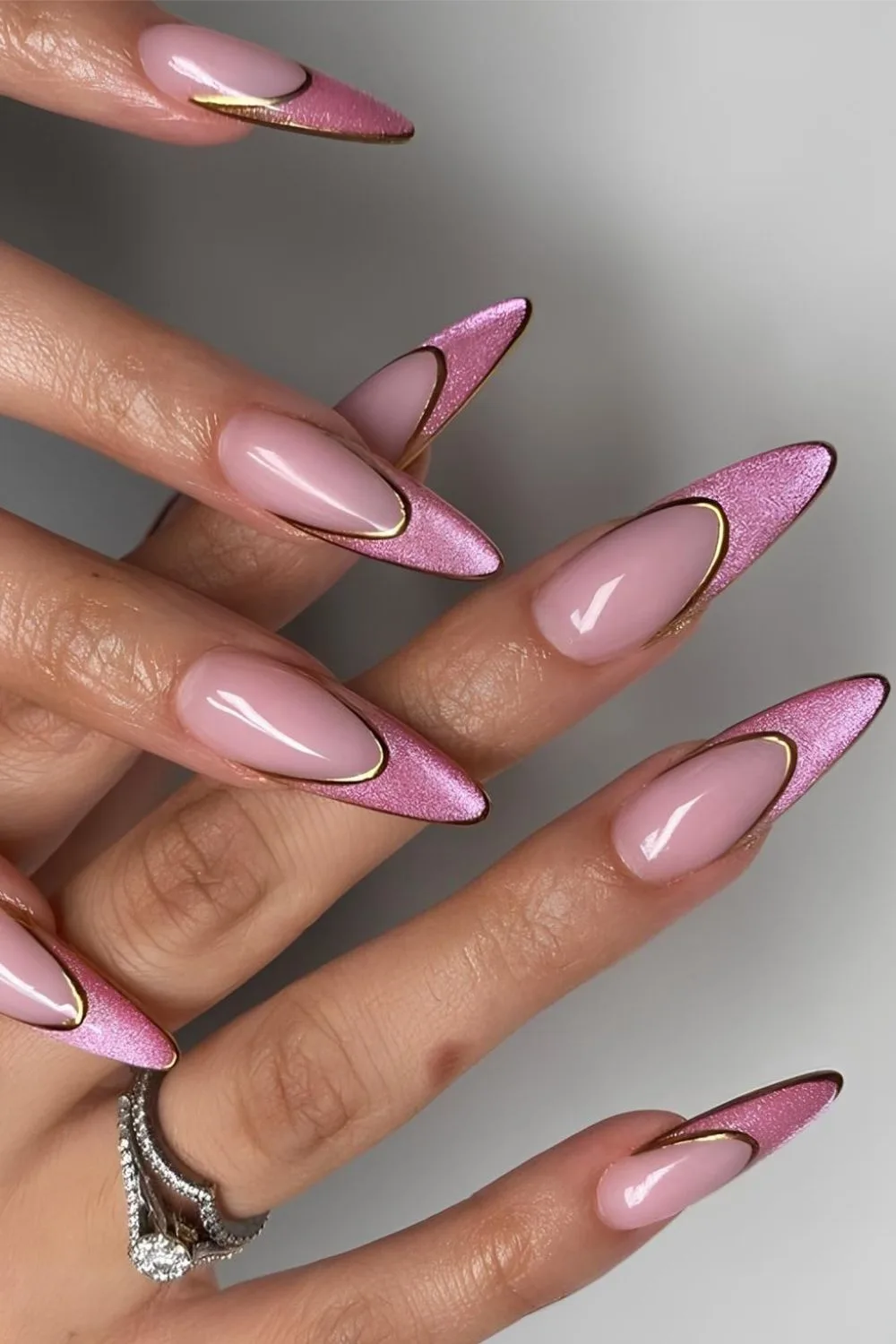 Pink velvet French tip nails with gold outline