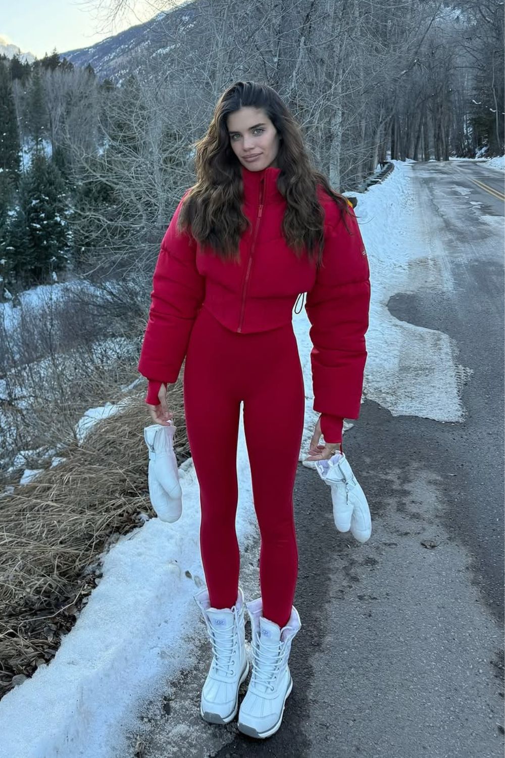 Red Puffer Jacket and matching leggings and white boots