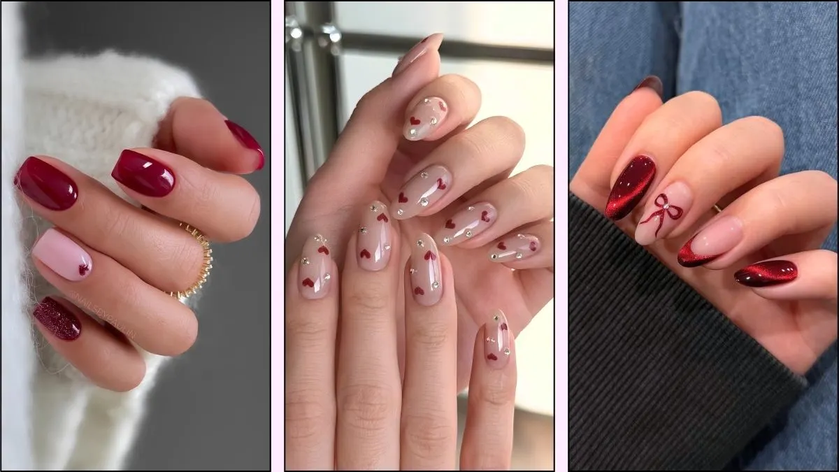 A collage of red Valentine's Day nail designs