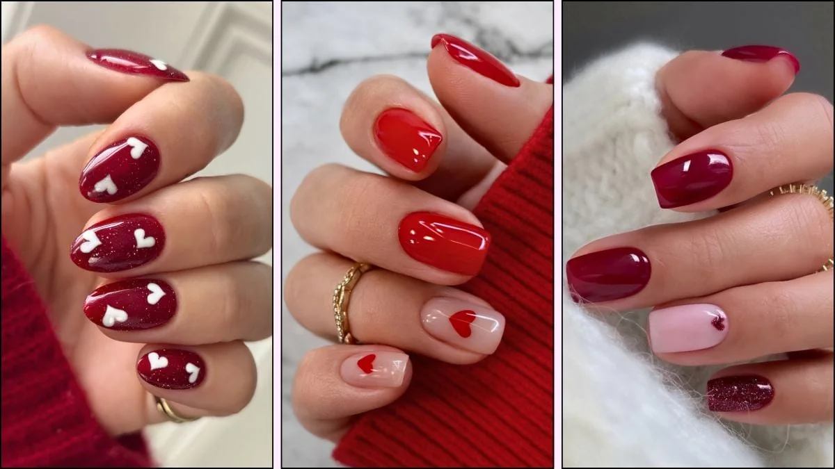A collage of red nail designs for Valentine's Day