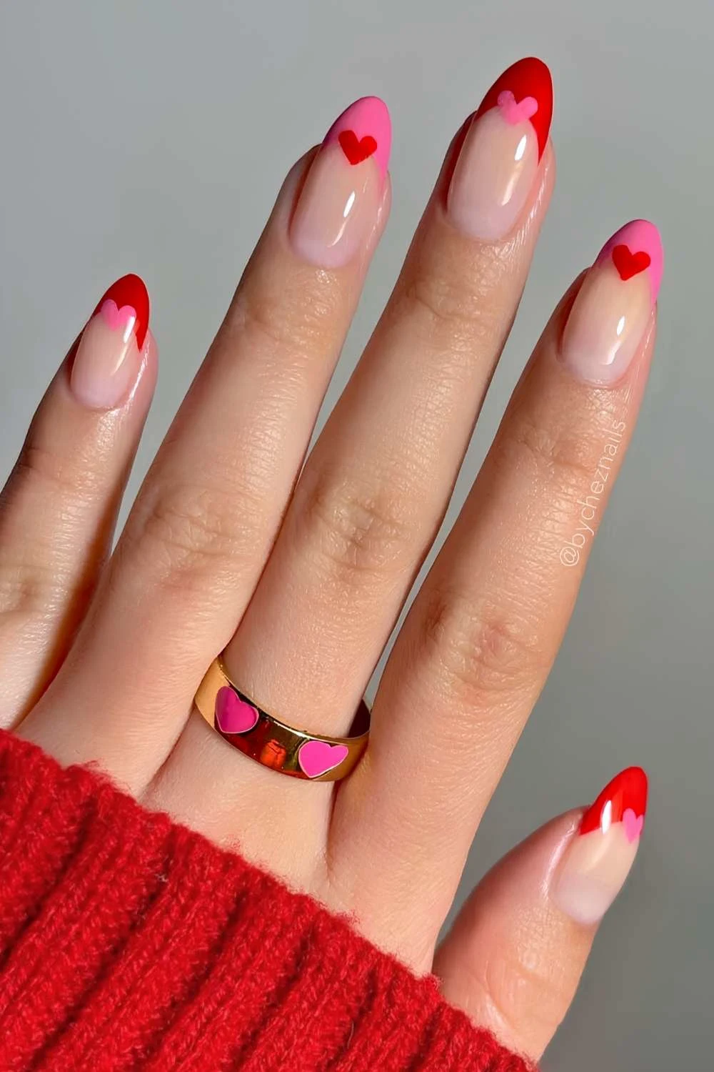 Red and pink Valentines Day French mani