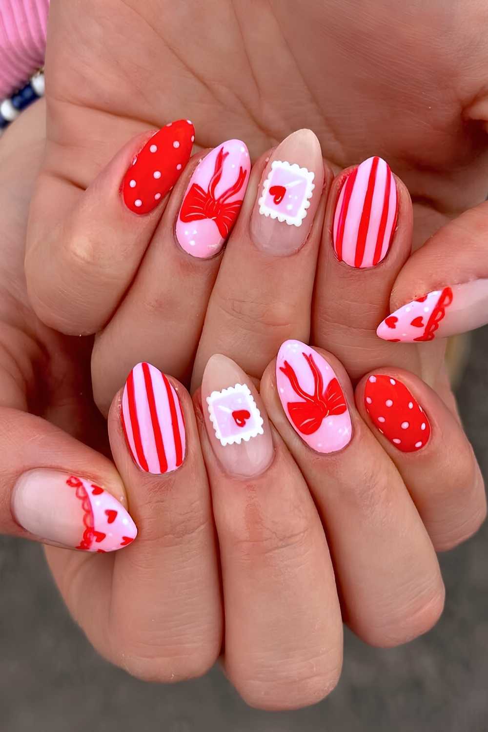 Red and pink mix and match Valentine nails