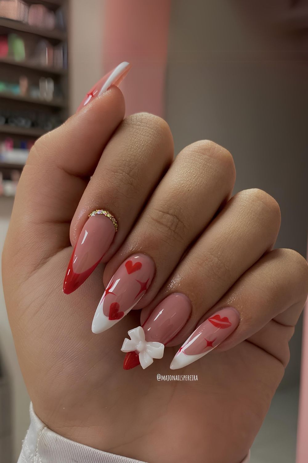 Red and white coquette manicure