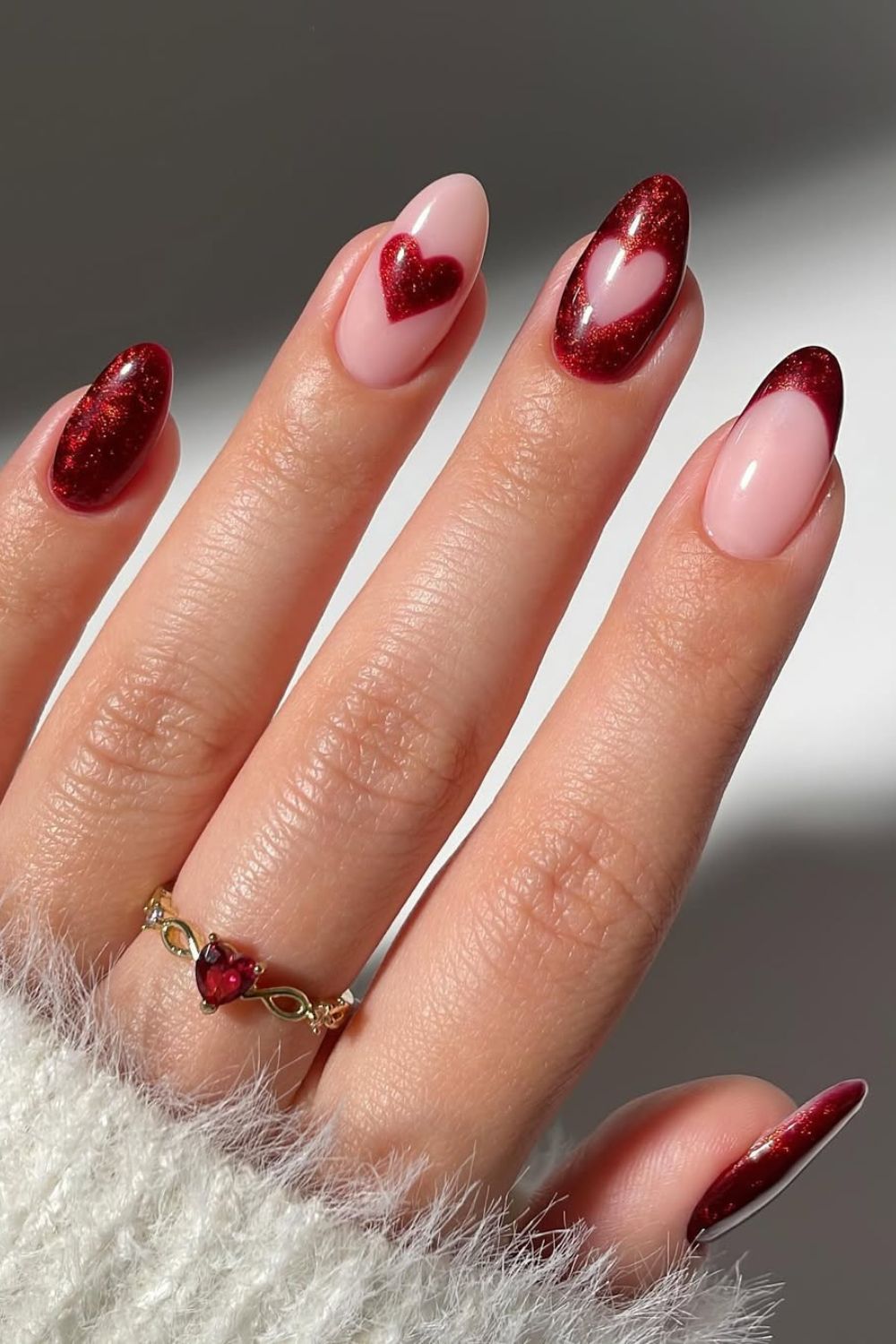 Red marble solid and French mix nails with heart accents