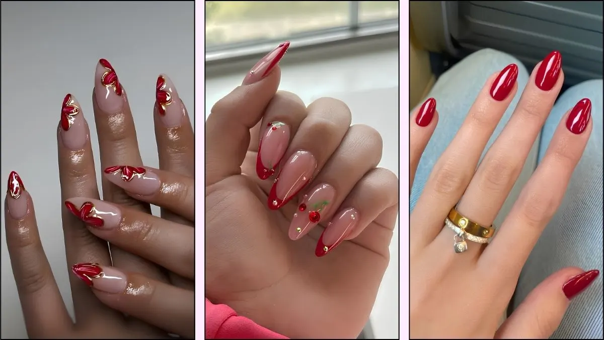 A collage of pretty red nail designs