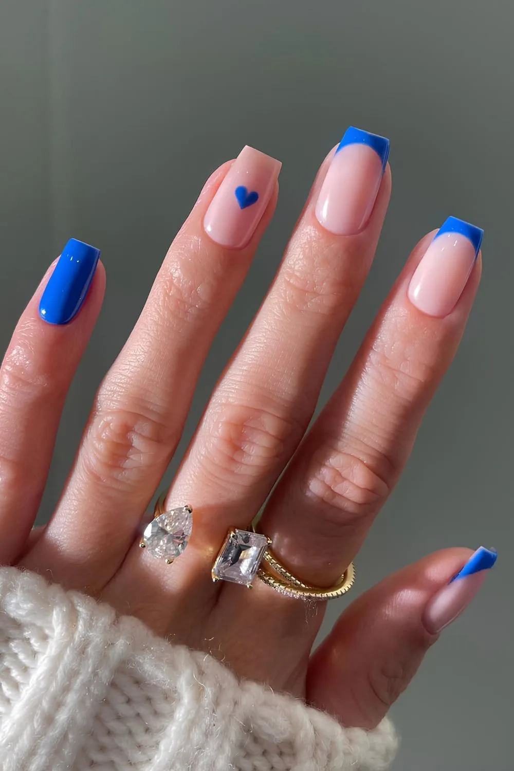 Royal blue French nails with hearts