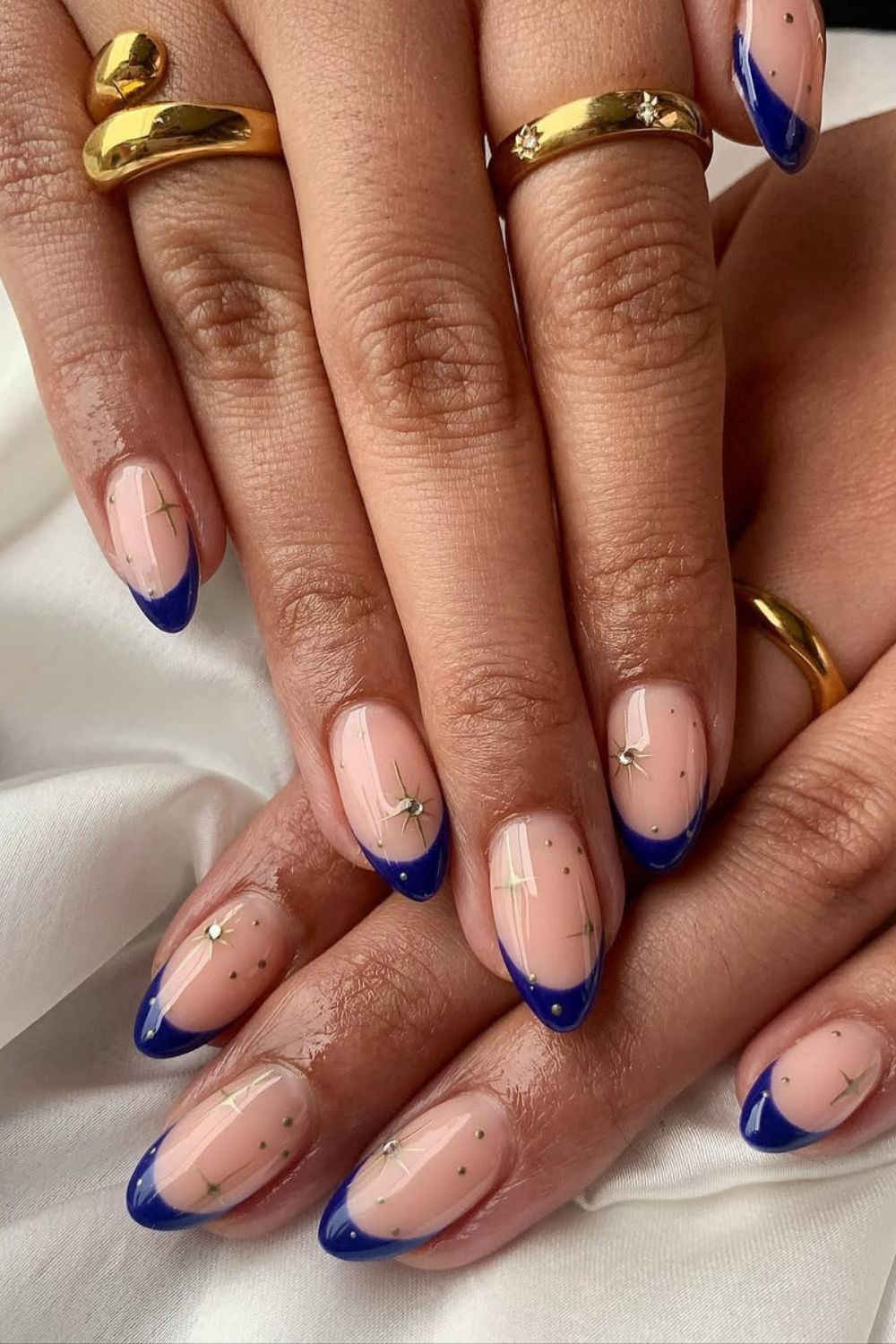 Royal blue celestial French tip nails