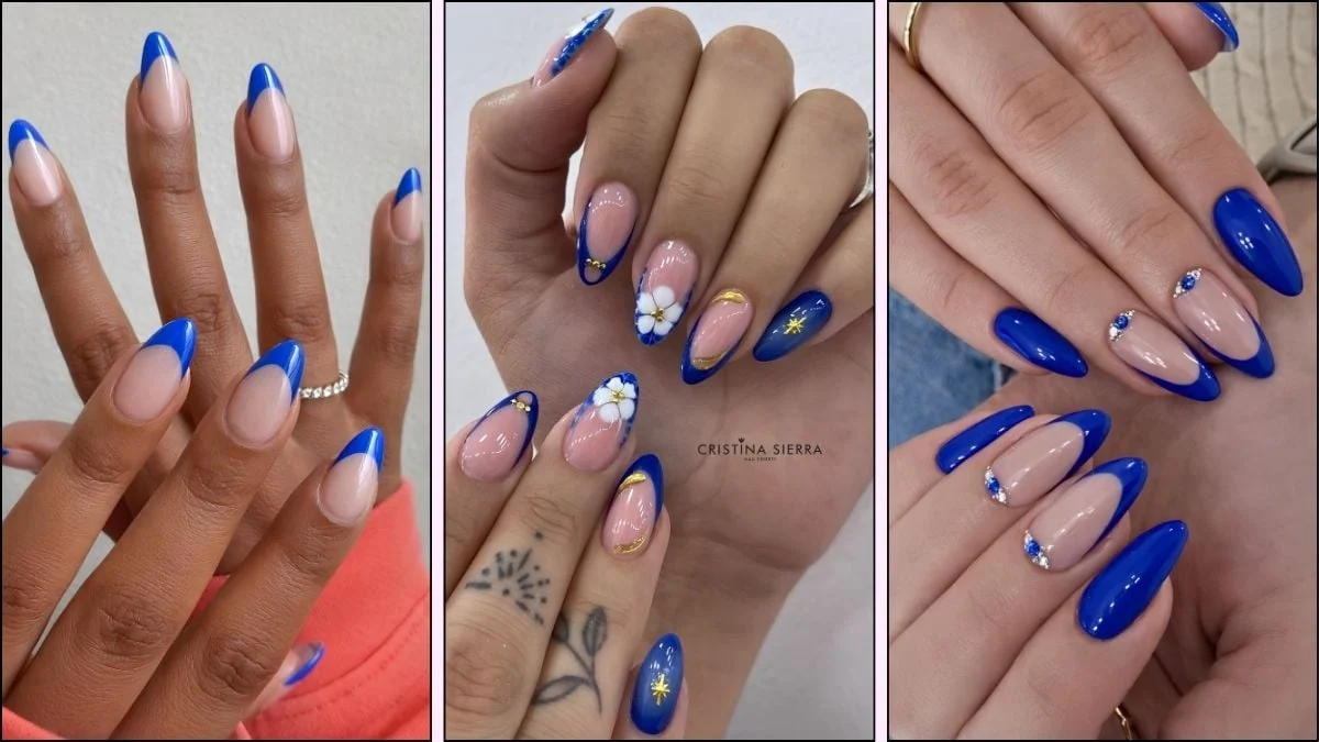 A collage of royal blue nail designs