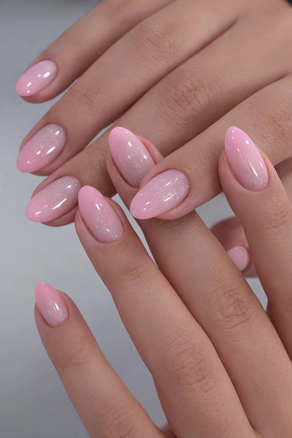 Shimmery pink to white ombre nails