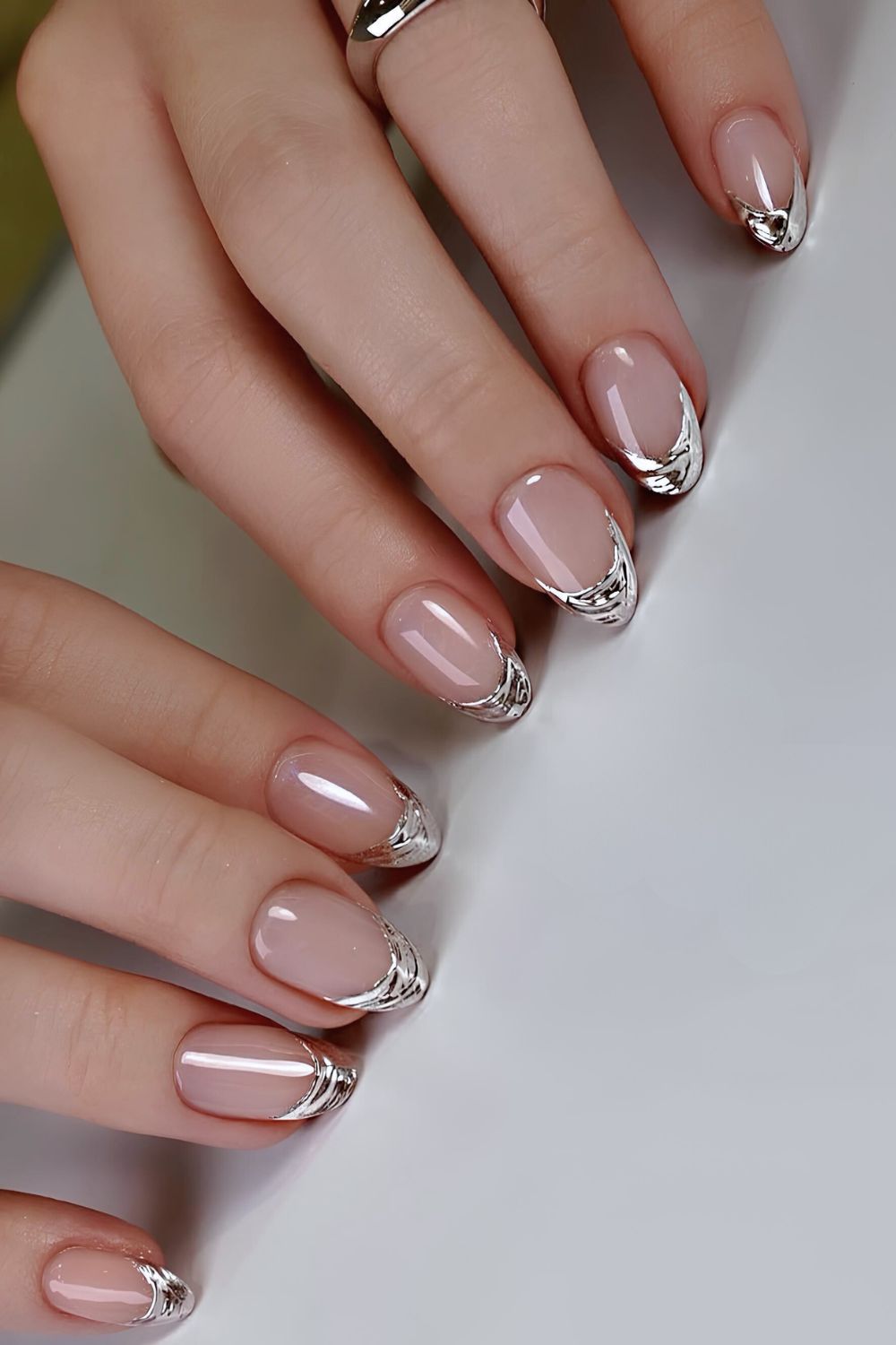 Silver chrome drip French mani