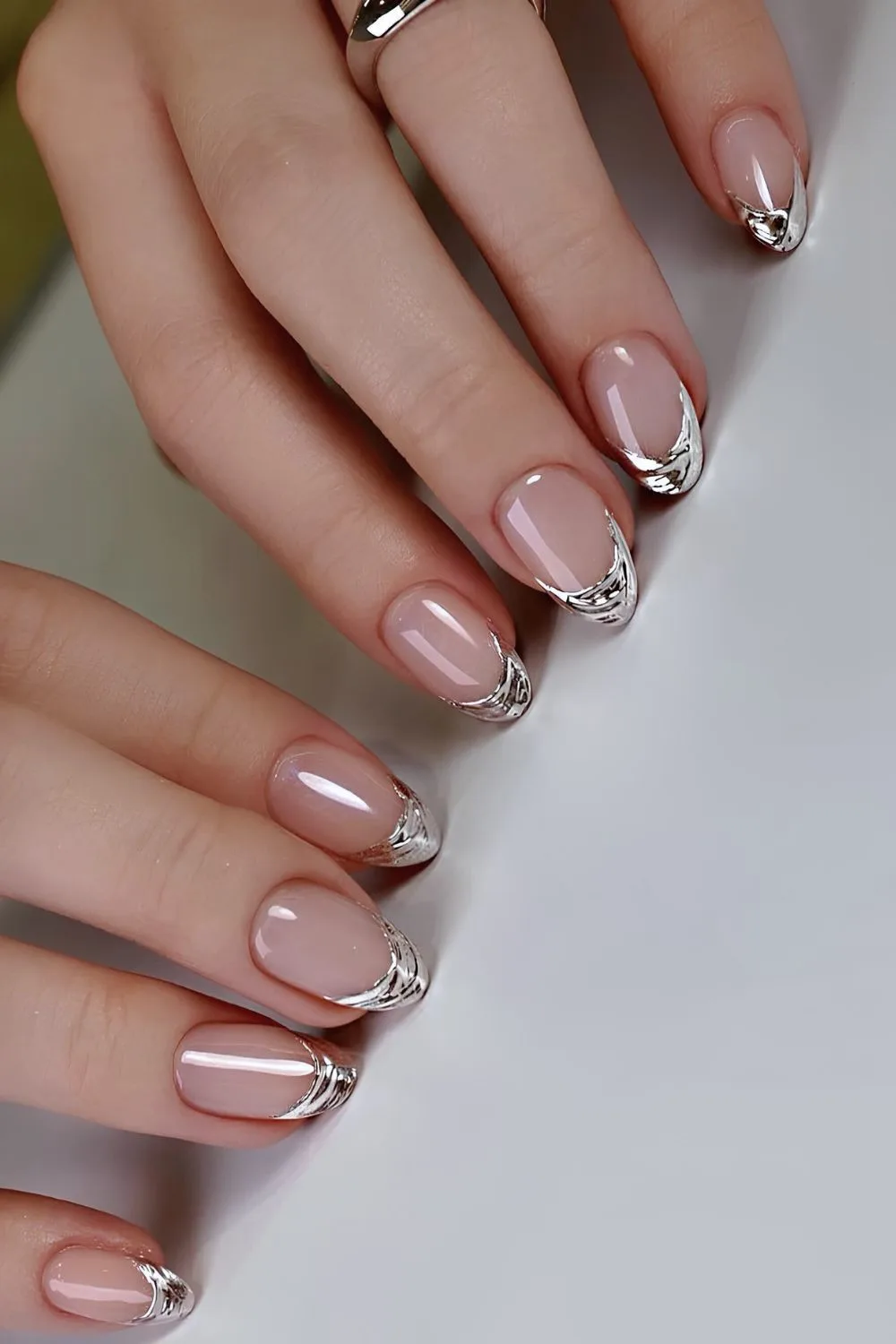 Silver chrome drip French mani