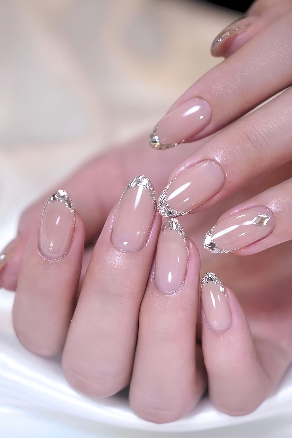 Silver crystal effect French nails