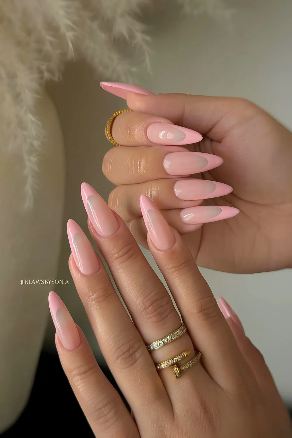 Soft pink based nails with pink French tips