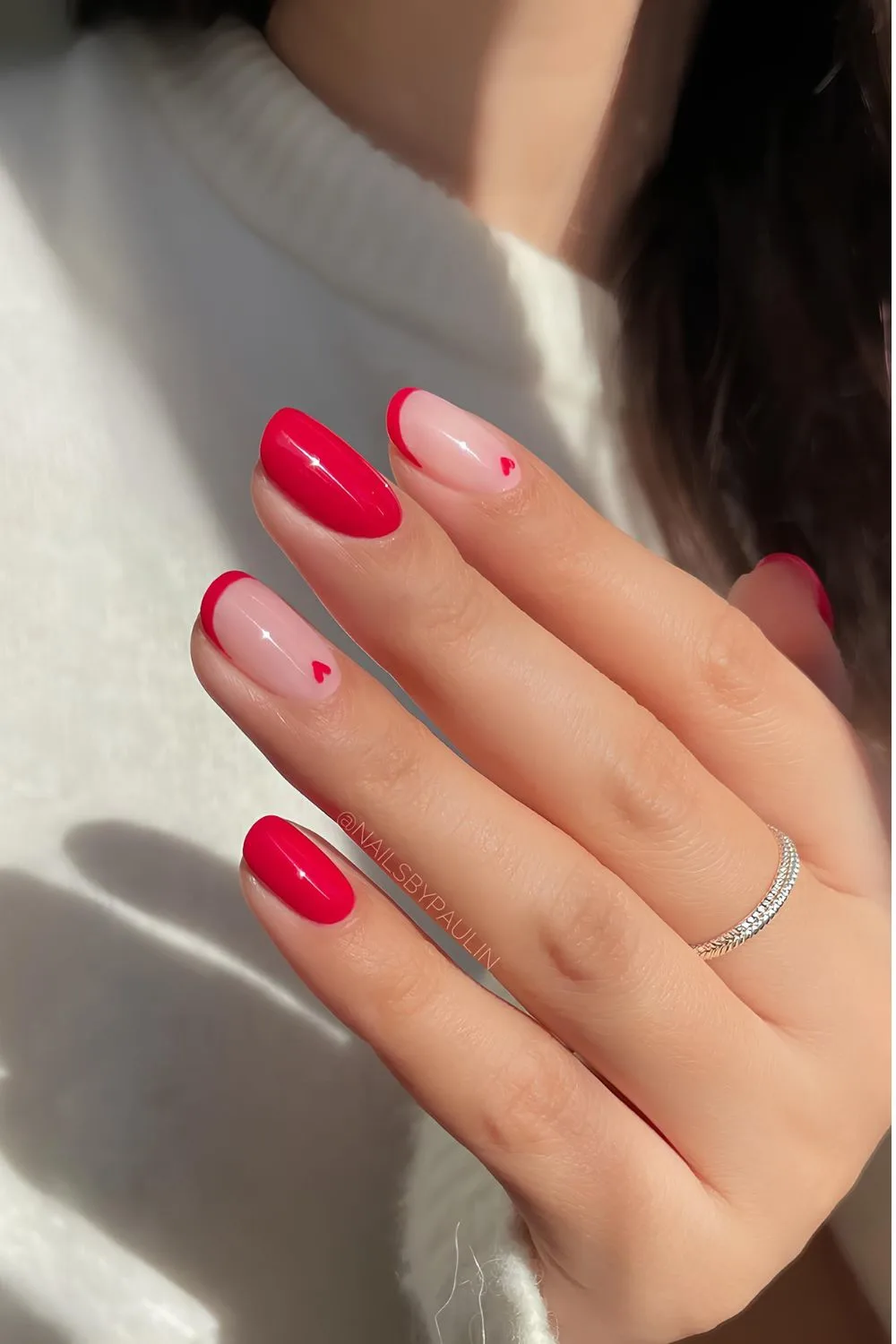 Solid and French Red nails with heart details