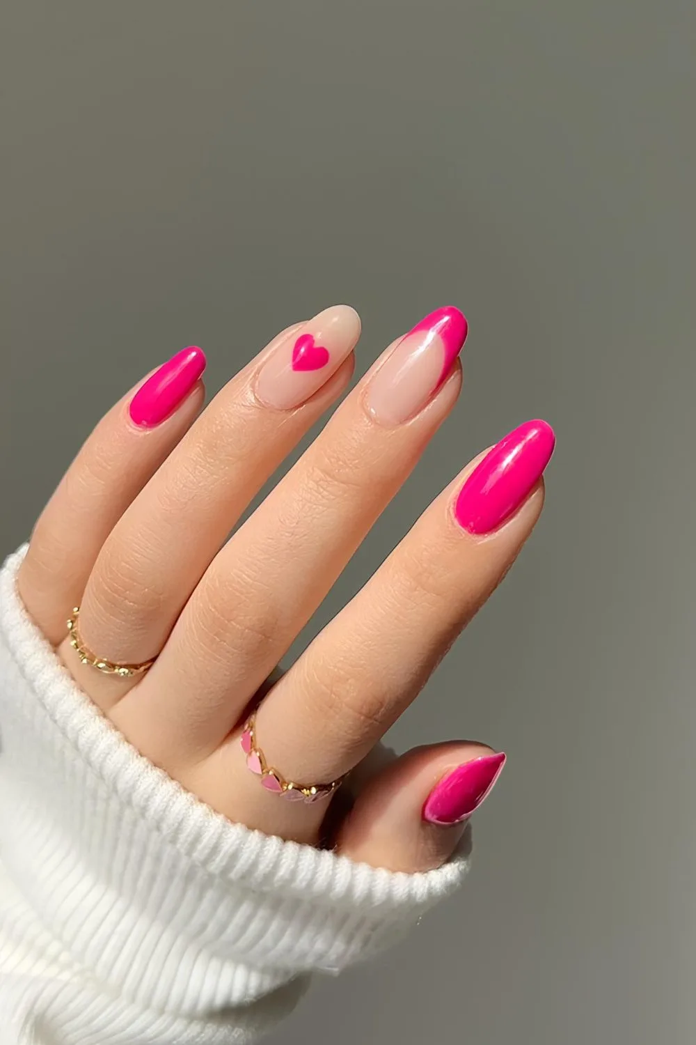 Solid and french barbie pink nails with heart acents