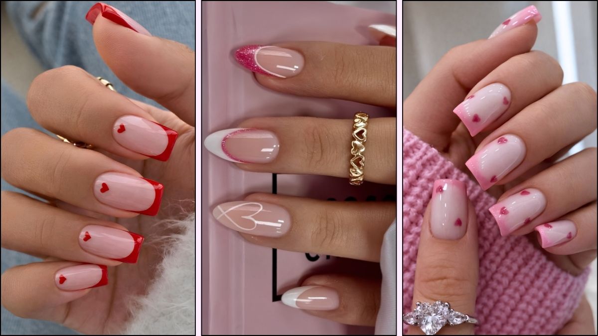 A collage of French nail designs for Valentine's Day
