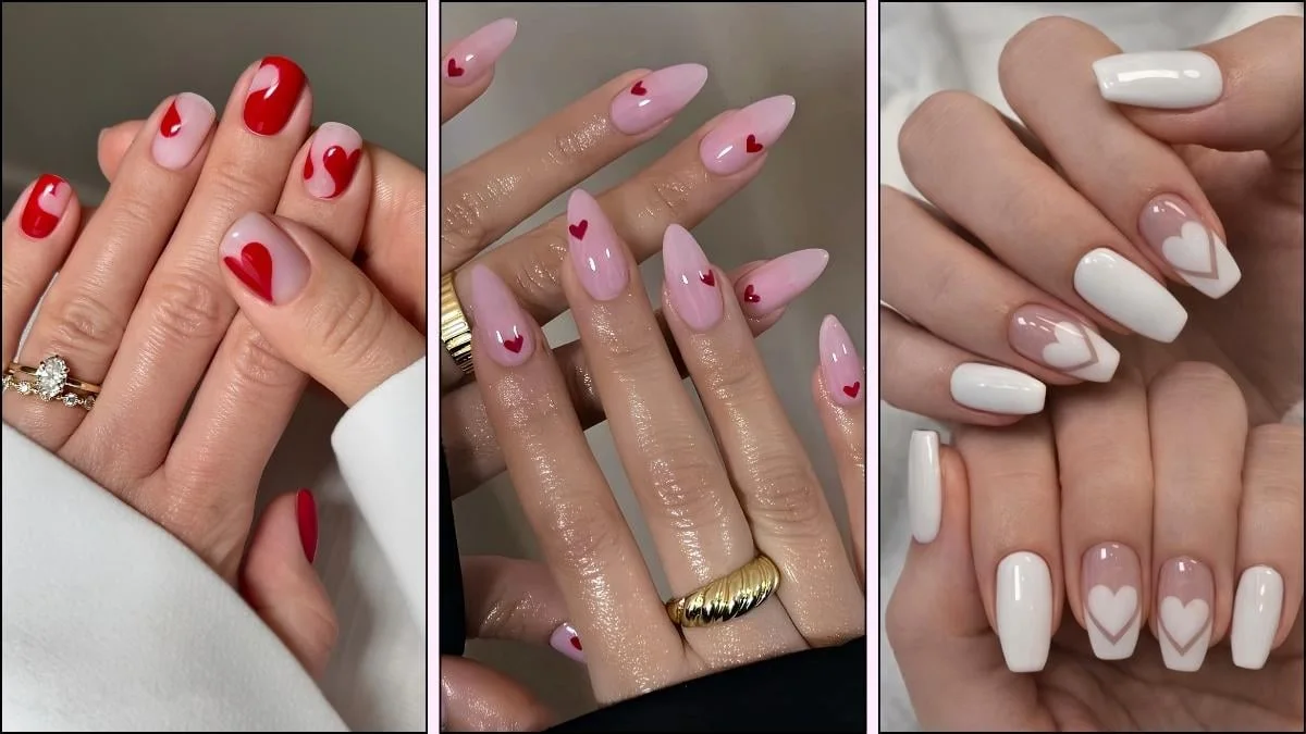 A collage of nail designs for Valentine's Day 2026