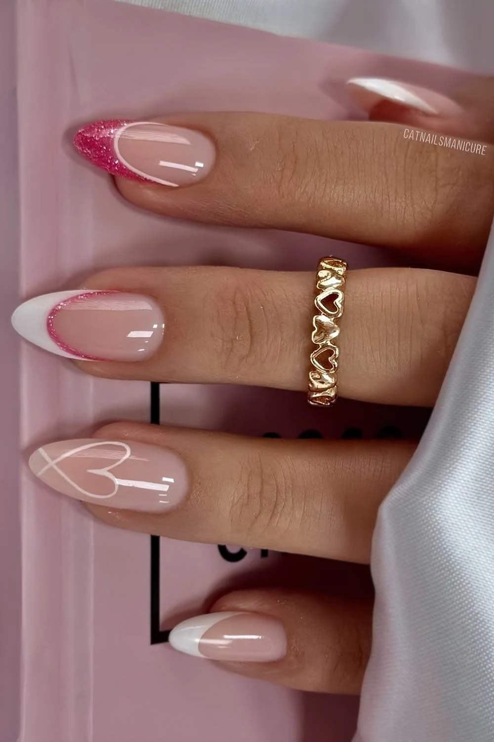 Valentines French mani with glitter and hearts