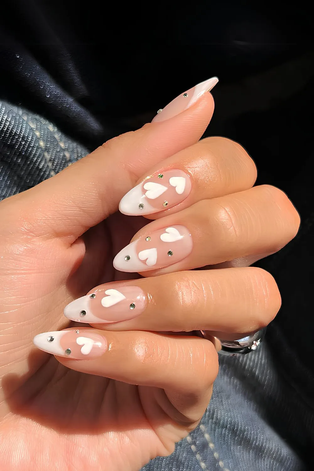 Vanilla French nails with white hearts